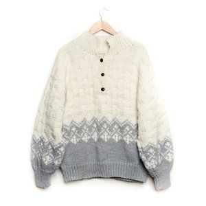 Vintage Cream White Grey Chunky Knit Sweater